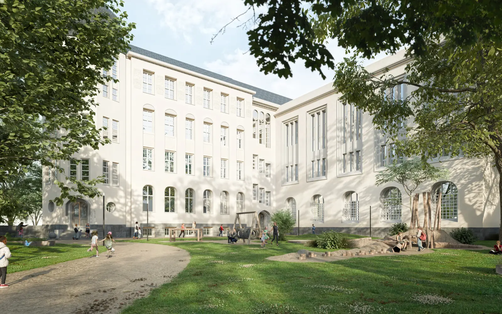 So soll das Alte Comenius an der Comeniusstraße 1 nach der Sanierung aussehen, im August 2027 beginnt dort der Unterricht an der ISR Elementary School Düsseldorf. Foto: ISR International School on the Rhine